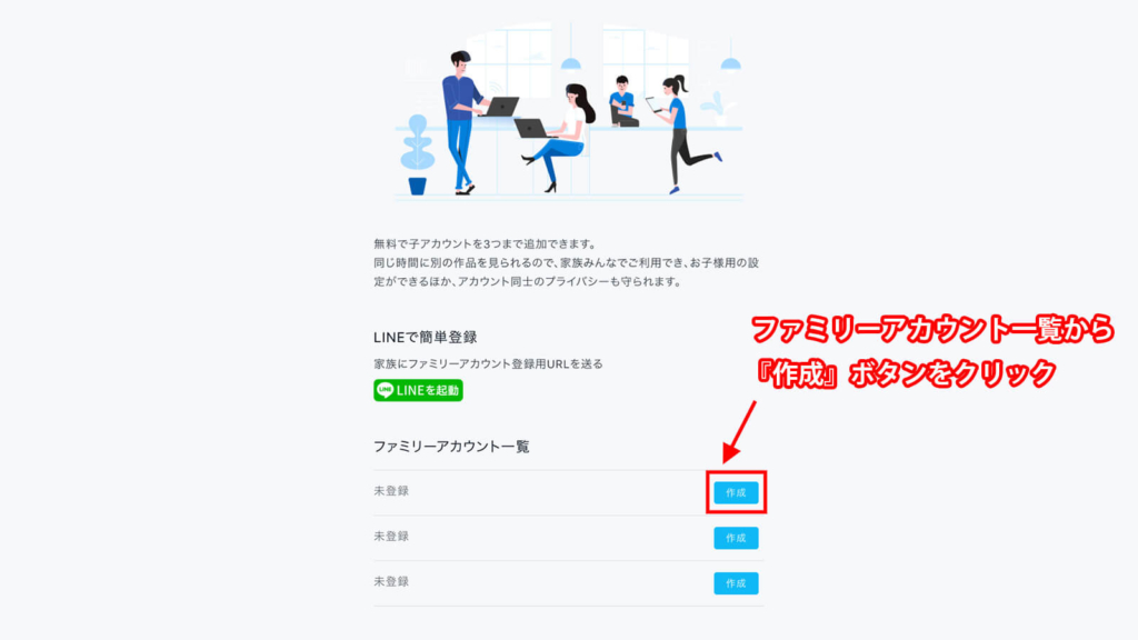 ファミリーアカウント一覧にある『作成』をクリック